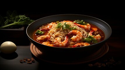 Wall Mural - bowl containing soup with shrimps and noodles, in the style of food photography, 16:9