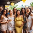 Group of happy pregnant women with glass of champagne in the city.
