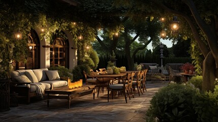 Wall Mural - An outdoor patio area adorned with comfortable furniture, surrounded by lush greenery and soft ambient lighting.