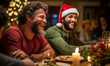 © Taras Roshchuk - Two friends talking, eating and sincerely laughing during a christmas dinner in the pub. Two men are sitting in a cozy atmosphere and having fun