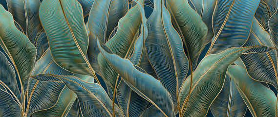 Wall Mural - abstract luxury dark art background with hand drawn palm leaves in golden line style. botanical bann