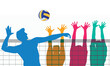 Colorful vector editable volleyball player spike and blocker in action for any graphic background	