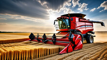 Combine Harvester Working On Wheat Field,
A Photo Of A Combine Harvester During The Harvest,