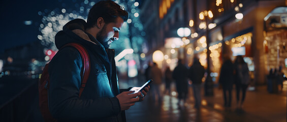 man walking through the city at night looking at his mobile phone and writing a message