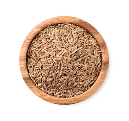 Poster - Bowl of aromatic caraway (Persian cumin) seeds isolated on white, top view