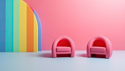 Two pink child armchair on a light pink background, backdrop for child photo portrait