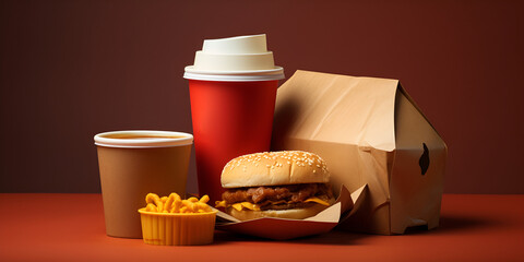 Sticker - A burger and a cup of coffee are on a table and brown background .A Perfect Pairing of Burger and Coffee on a Cozy Table .