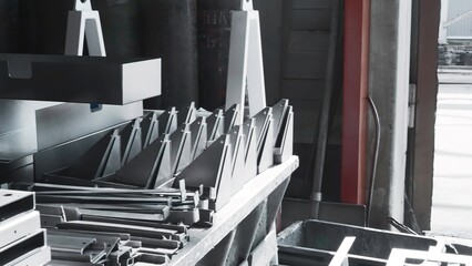 Poster - Metal parts for assembly of factory machine. Creative. A lot of parts for assembling factory machines. Parts at factory for manual assembly of structure or machine