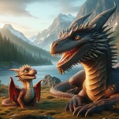 Canvas Print - Dragon and Child in wild