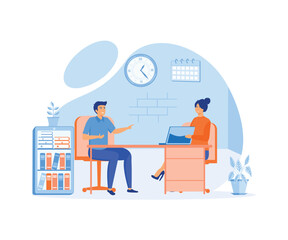 Poster -  Businesswoman talking to candidate on interview. Man asking and answering questions of woman with pc. flat vector modern illustration 