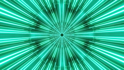 Poster - Flying inside neon tunnel with rays of light. Design. Blinking lights of time speed corridor.
