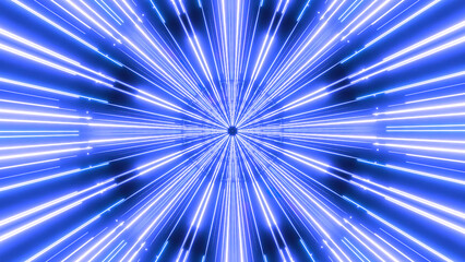 Poster - Flying inside neon tunnel with rays of light. Design. Blinking lights of time speed corridor.