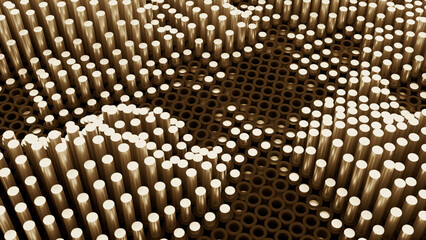 Poster - Abstract trypophobic background with cluster holes and sticks moving up and down through them. Design. Wavy background with grid and columns.