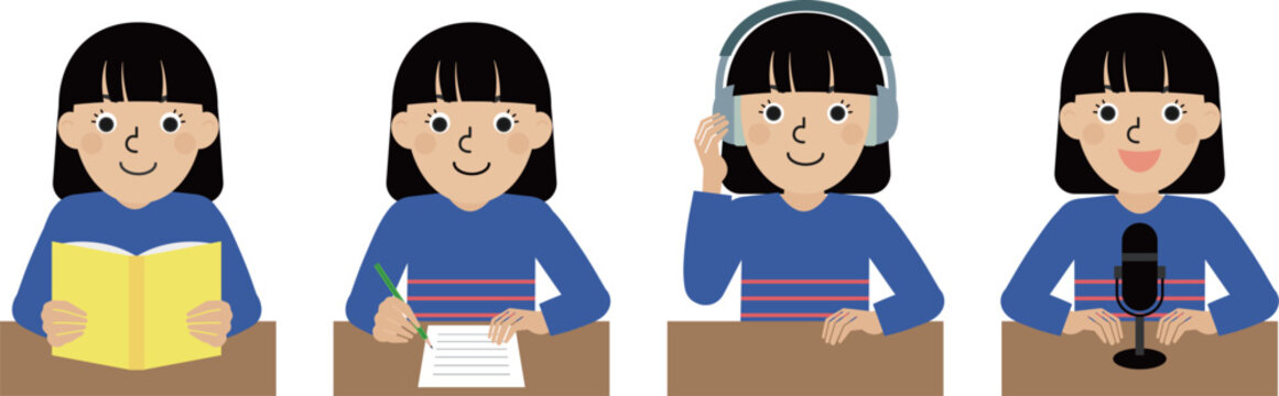 言語習得に必要な基本的な4つのスキルの動作をしている日本人女性の上半身イラストセット