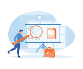 Poster - businessman analyzing big data on graph using magnifying glass. flat vector modern illustration