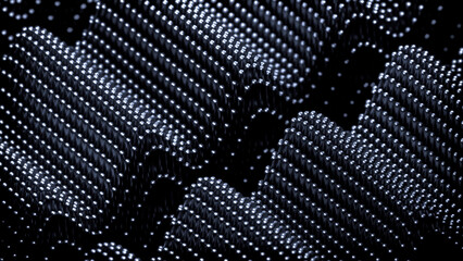 Poster - Abstract waving technological clouds of particles. Design. Falling down tiny spheres on a black background.