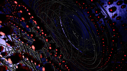 Poster - Abstract tornado of tangled metal wires and small spheres. Design. Fast rotating 3D spiral.