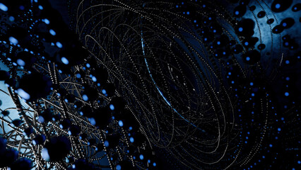 Poster - Abstract background of metal strings and beads. Design. Technological tornado im spinning motion.