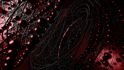 Poster - Abstract tornado of tangled metal wires and small spheres. Design. Fast rotating 3D spiral.
