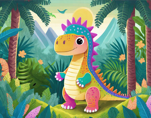 Wall Mural - Illustration of cute rainbow dinosaur cartoon in the jungle