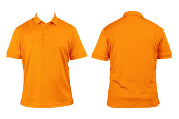 Blank clothing for design. Orange polo shirt, clothing on isolated white background, front and back view, isolated white, plain t-shirt. Mockup.