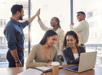 Poster - People, high five and success in office with teamwork, collaboration and support for work in startup. Group, celebration and achievement of goals or kpi challenge in workplace and employees on laptop