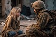 War concept, homeless little girl talking with a soldier in a destroyed city, helicopters and tanks, Innocence, fear, war, battle, Human rights, Humanitarian crisis