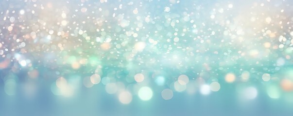 Pastel teal-mint glitter with shiny sparkles background. Defocused abstract festive lights. Wedding, Greetings, Christmas, Birthday, Product's layout.