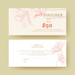 Gift voucher. Coupon template with watercolor pink flower decoration. elegant aesthetic design. good for boutique, jewelry, floral shop, beauty salon, spa, fashion, flyer, banner design.