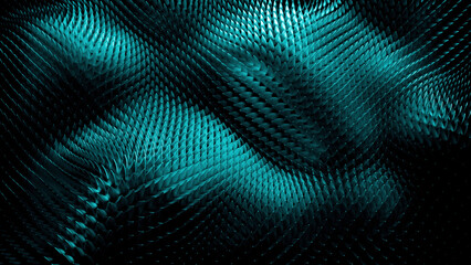 Poster - Stylized 3D voxel texture. Design. Light flares on thorny waving metal surface.