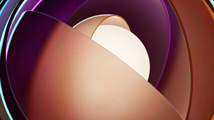 Poster - Colorful sphere hiding inside round shaped object of hemispheres. Design. Rotating compex 3d cartoon shape.