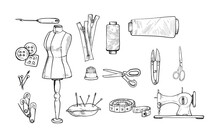 Sewing Equipment Handdrawn Illustration Engraving