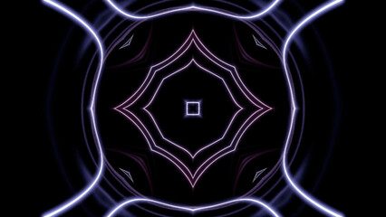 Poster - Geometric kaleidoscopic background with transforming shapes. Design. Moving neon silhouettes on a black background.