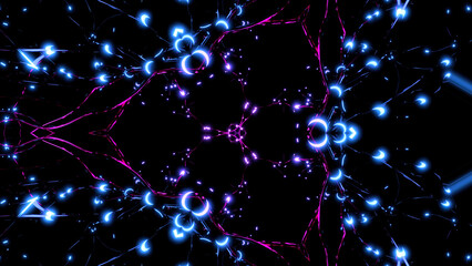 Poster - Neurons and neural connections, kaleidoscopic style. Design. Neuronal activity in the brain, neurogenesis, neurotransmitters, electricity in the brain, synapses, concept of science.