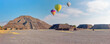 Hot air balloon flying over Teotihuacan pyramids complex located in Mexican Highlands and Mexico Valley close to Mexico City. Mexico