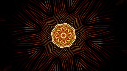 Poster - Neon mandala pattern pulsates on black background. Design. Beautiful pattern of glowing pulsating lines on black background. Glowing pattern moves on black background