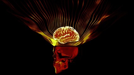 Poster - 3D skull with brain illumination. Design. Bright neon brain with glow on black background. Neon animation of skull with brain