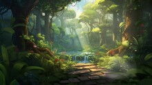 Green Tropical Forest In The Morning. Seamless Looping Virtual Video Animation Background, Anime Or Cartoon Illustration Style. Generated With AI