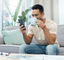 Sticker - Man, phone and reading with coffee on sofa in home for taste of hot beverage. Asian person, texting and mobile app for message, internet and social media by cellular with drink to relax living room