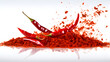 Chili, red pepper flakes and chili powder burst isolated on white background.