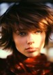 woman red shirt scarf highlights specular short haircut soft lighting face shaggy android lips goddess beauty