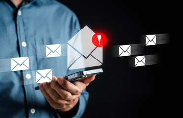 Poster - Alert Email inbox and spam virus with warning caution for notification on internet letter security protect, junk and trash mail and compromised information.