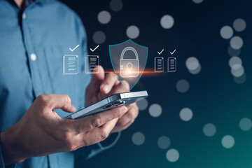 Fototapete - Document Safety and Security Protection System, document database file management and e-document online concept.