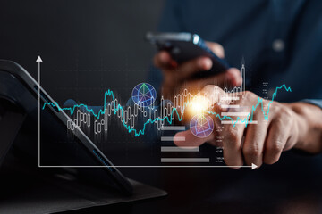 Aufkleber - Businessmen investor stock market value up. investment and analyze trading data. investor analysis with stock exchange graph on screen. Financial stock market.