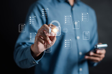 Fototapete - Document Safety and Security Protection System, document database file management and e-document online concept.
