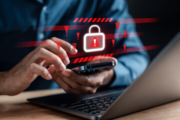 Fototapete - System warning caution sign, scam virus attack on firewall for notification error and maintenance. Network security vulnerability, data breach, illegal connection and information danger.