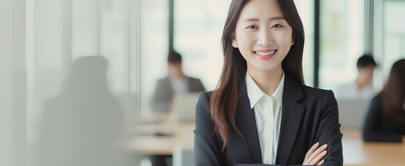 Wall Mural - Happy Korea businesswoman professional leader standing in office. Smiling East Asian female employee, Korean woman manager, confident eastern entrepreneur at work. generative AI