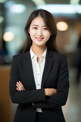 Wall Mural - Happy Korea businesswoman professional leader standing in office. Smiling East Asian female employee, Korean woman manager, confident eastern entrepreneur at work. generative AI