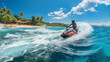 YOUNG MAN RIDES JET SKI IN TROPICAL SEA