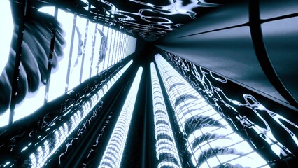 Poster - Futuristic 3d tunnel with light tubes. Design. Glowing cyber tunnel with 3d pipes. Dark corridor with glowing 3D pipes in futuristic style
